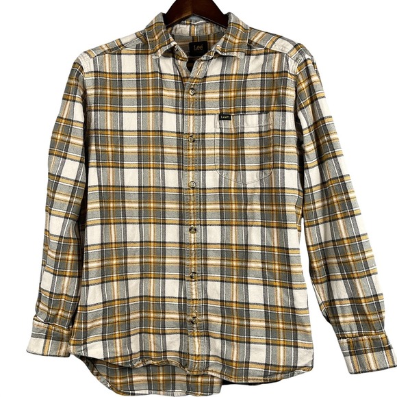 Lee Mens L Plaid Flannel Button Down Shirt Ivory Yellow Black Cotton Casual - Picture 1 of 11